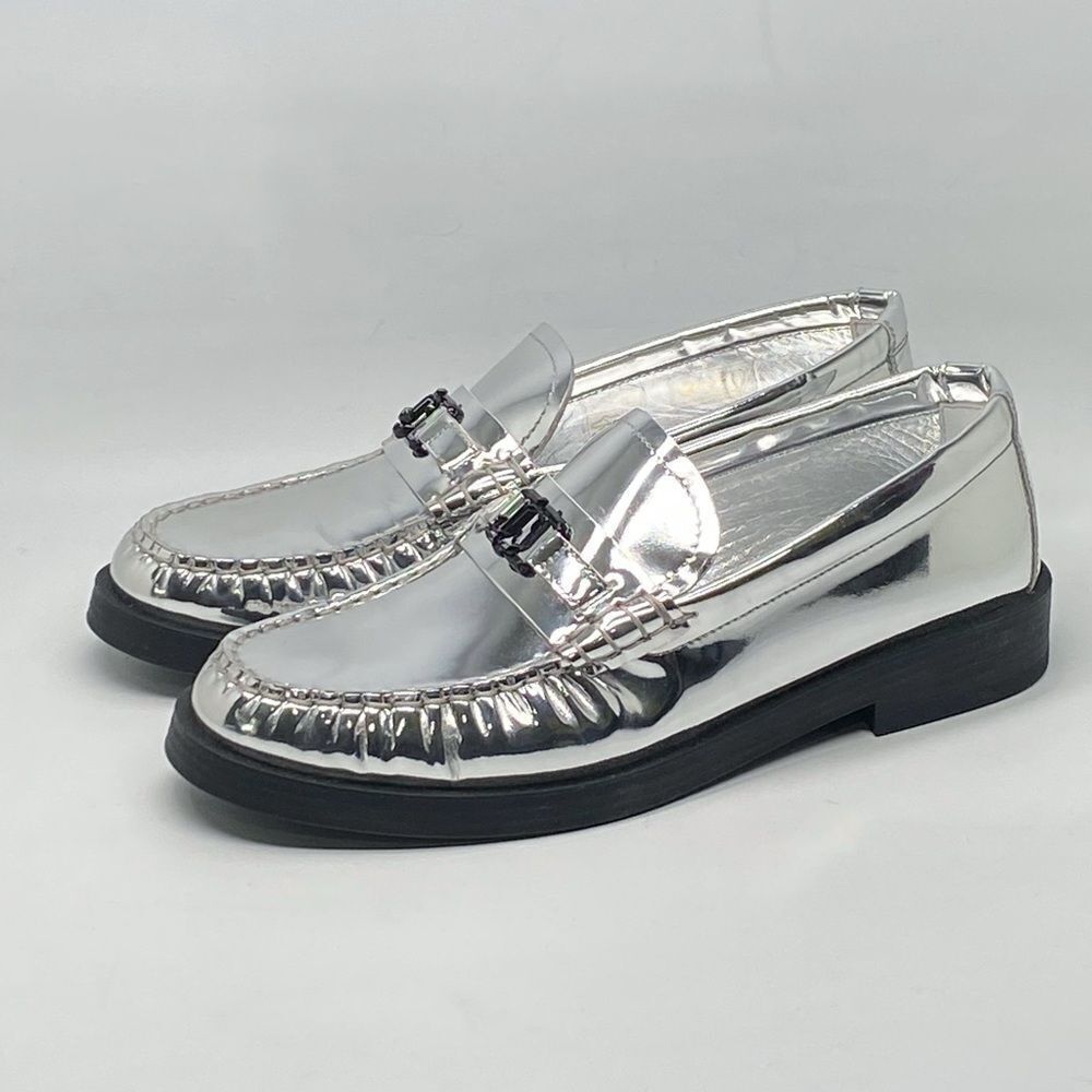 Jimmy Choo Addie JC Logo Metallic Loafer size 38